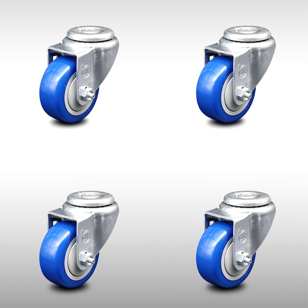 3 Inch SS Blue Polyurethane Wheel Swivel Bolt Hole Caster Set